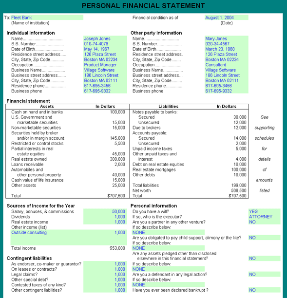 personal net worth statement. Personal financial statement