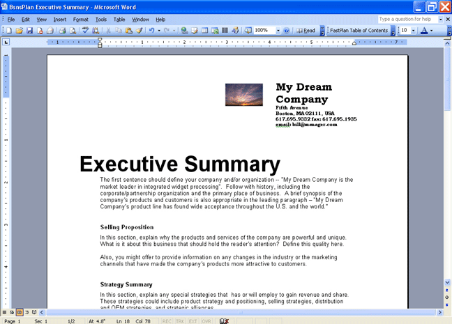 Examples of the exceutive summary of a business plan 